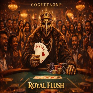 A masked king holds playing cards at a vibrant casino scene with cheering guests.